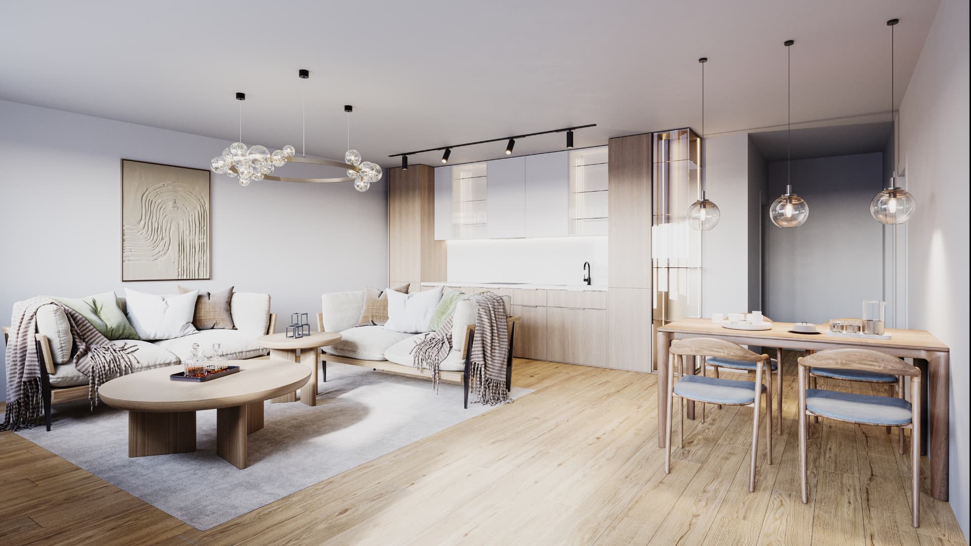 Visualisierung des Wohn- und Essbereichs einer Wohnung in Stuttgart-Wangen
